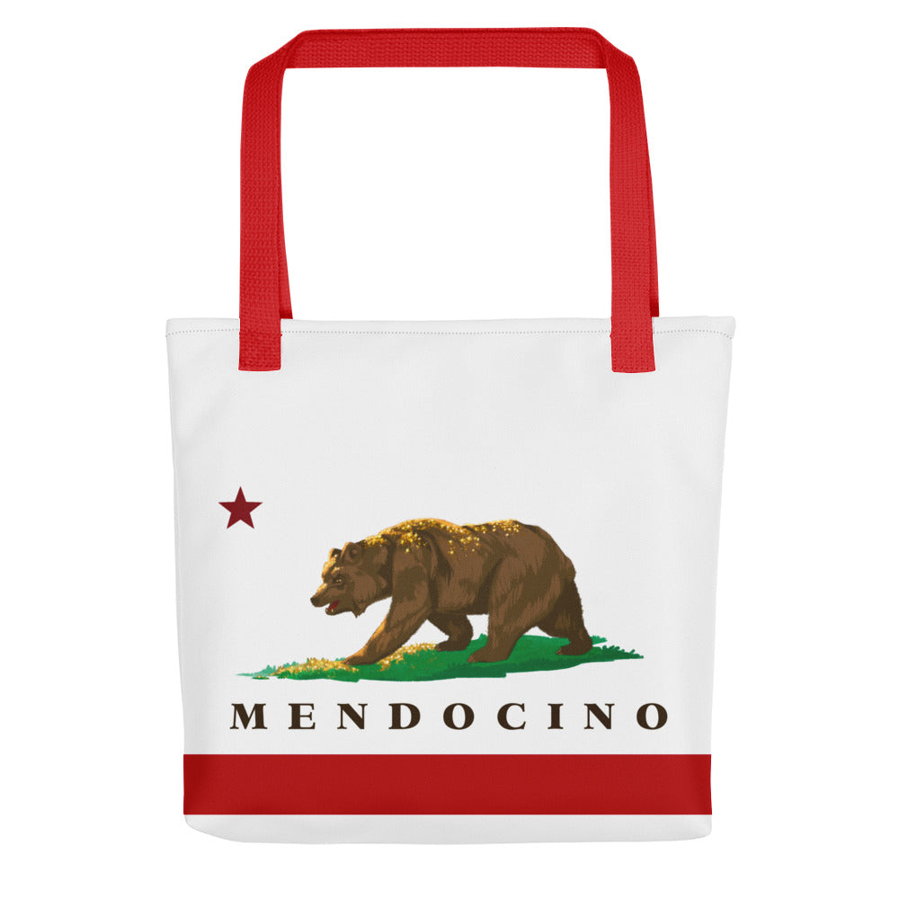 Mendocino California design on a red 15 by 15 inch tote bag. Hella Cali.