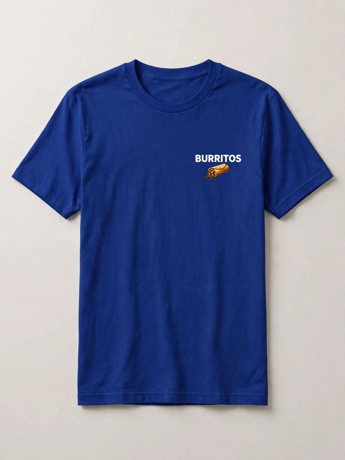 Burritos shirt front - BURRITOS chest print with small burrito icon below (white ink) on blue Bella Canvas tee flat lay