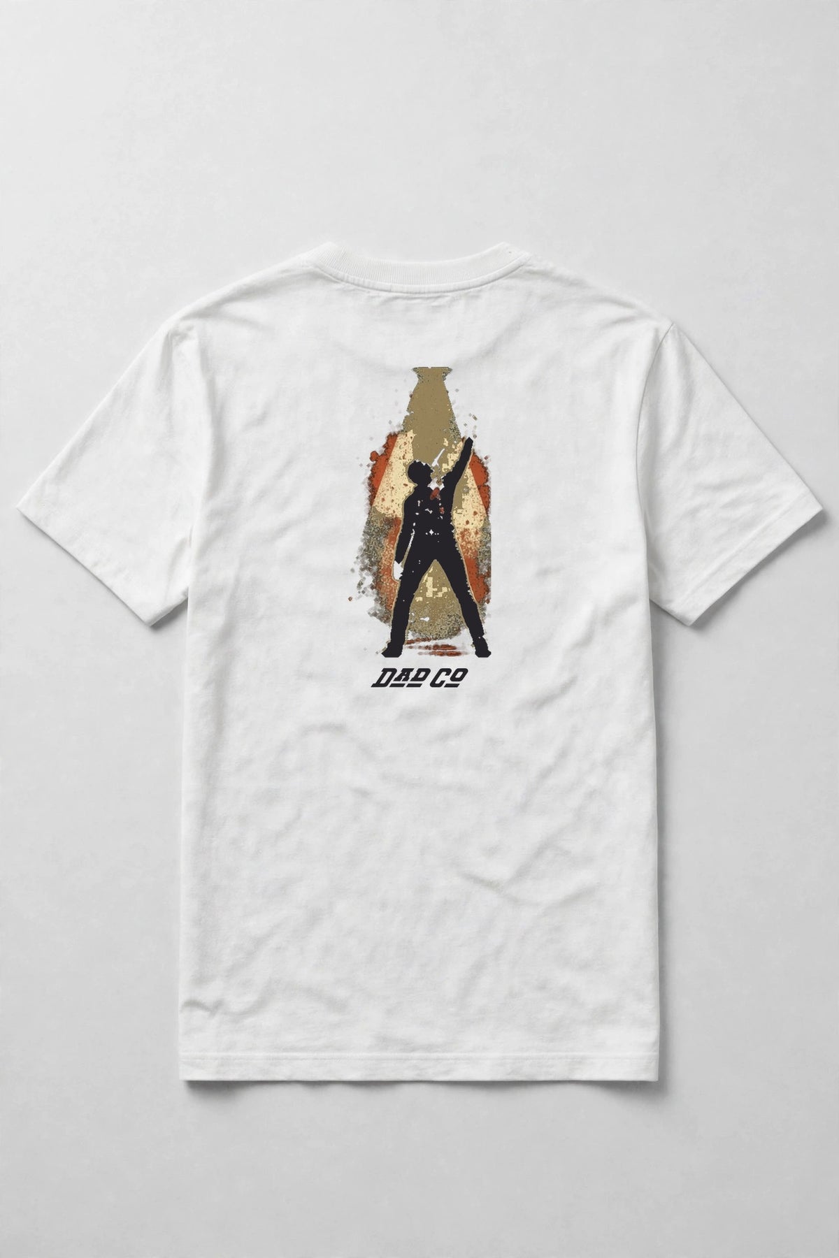 White singer t-shirt back print: vocalist silhouette holding a vintage microphone inside a cream spotlight, burnt orange distressed frame, with DAD CO logo under the back print