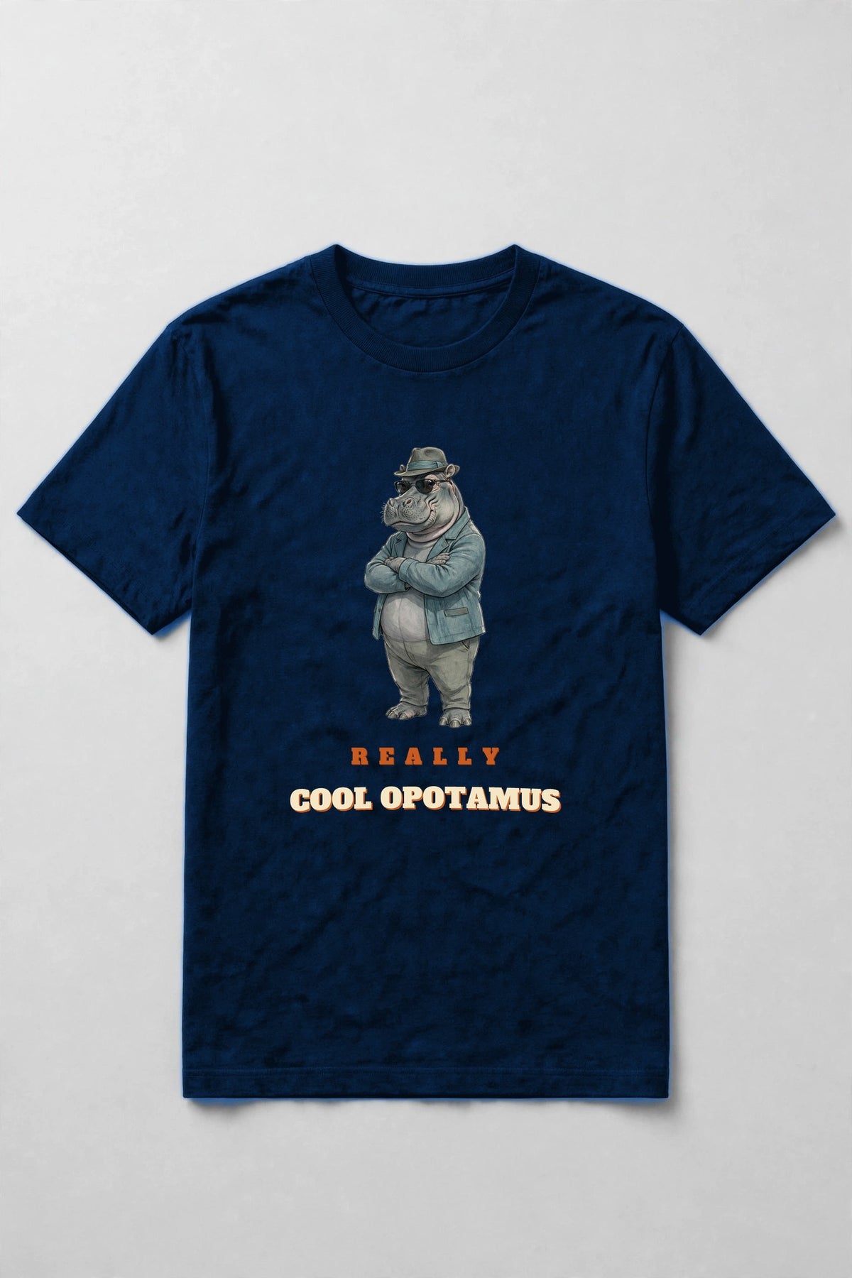 True Royal t-shirt with a cool jazz hippopotamus in sunglasses and a fedora above the words Really Cool Opotamus