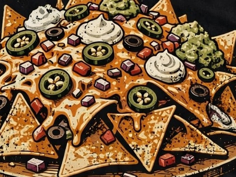 Nachos shirt design close-up - loaded nachos platter artwork detail with jalapenos, melted cheese and sour cream