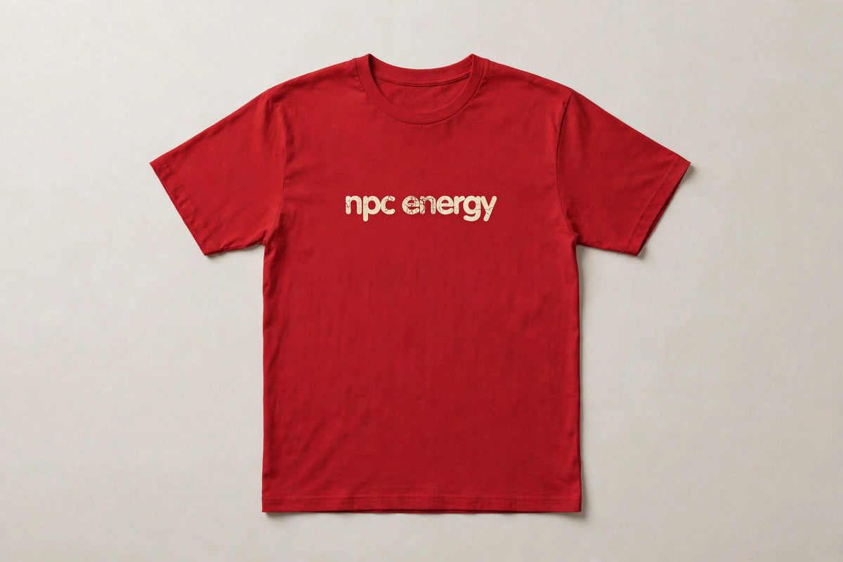 NPC Energy funny gamer slang t-shirt in Red - distressed cream lowercase text, Bella Canvas tee, flat lay front view, funny gaming humor shirt