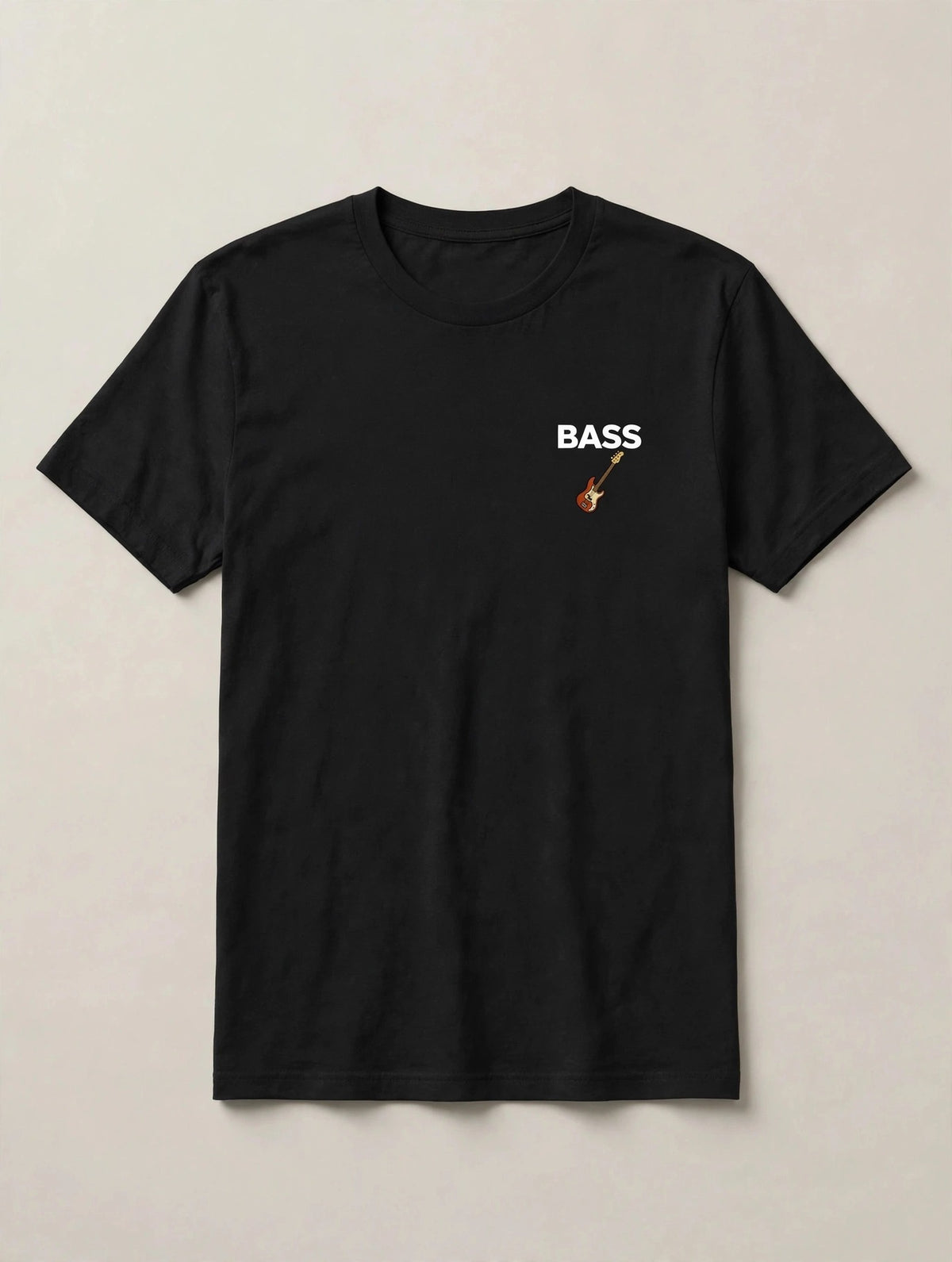 Black bass player t-shirt front: BASS in bold white caps with a small bass guitar icon, left chest print