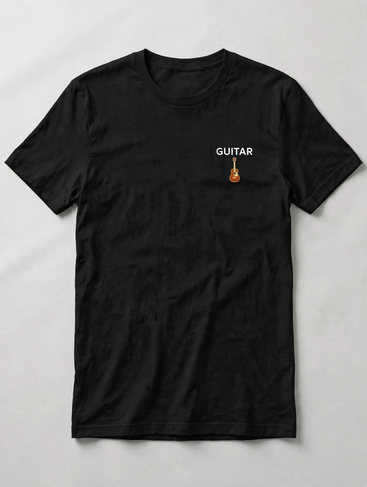 Black guitar t-shirt front: GUITAR in bold white caps with a small acoustic guitar icon, left chest print