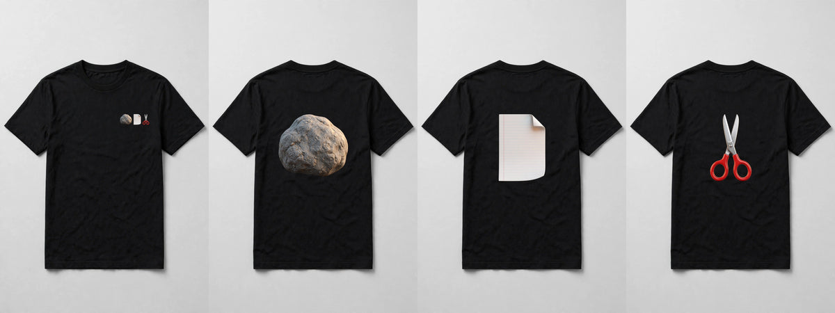 All three back designs - rock, paper and scissors shirts