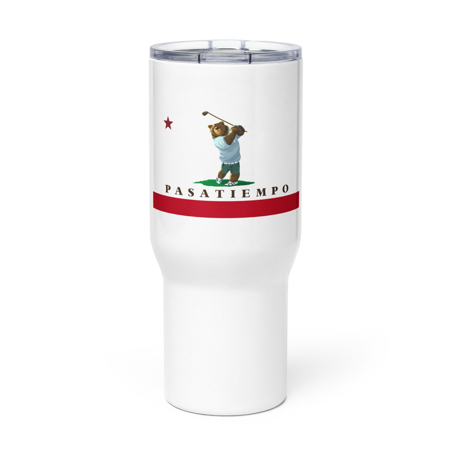 White Pasatiempo CA Travel mug with handle