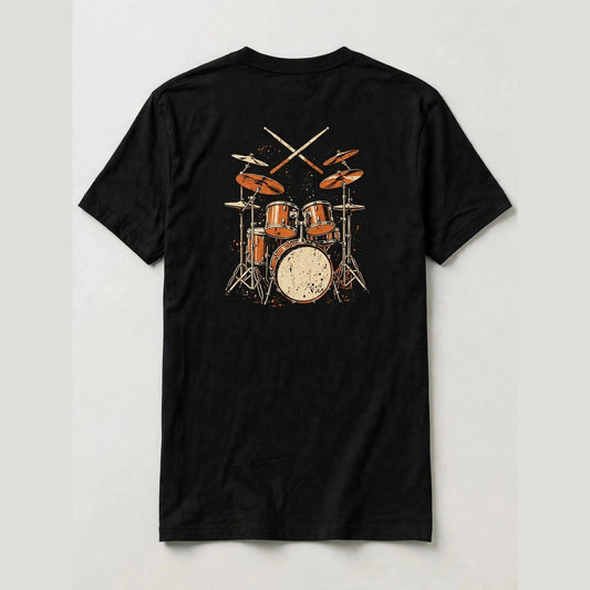 Black drummer t-shirt back print: vintage burnt orange drum kit with crossed sticks, cream and orange distressed screen print