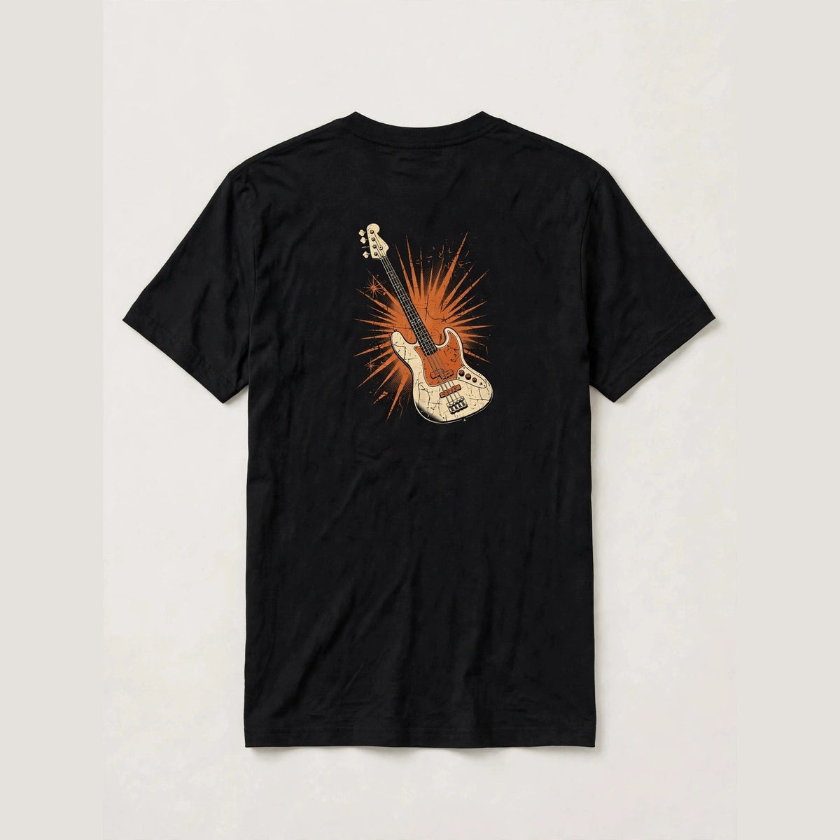 Black bass player t-shirt back print: vintage cream and burnt orange bass guitar with starburst, distressed screen print