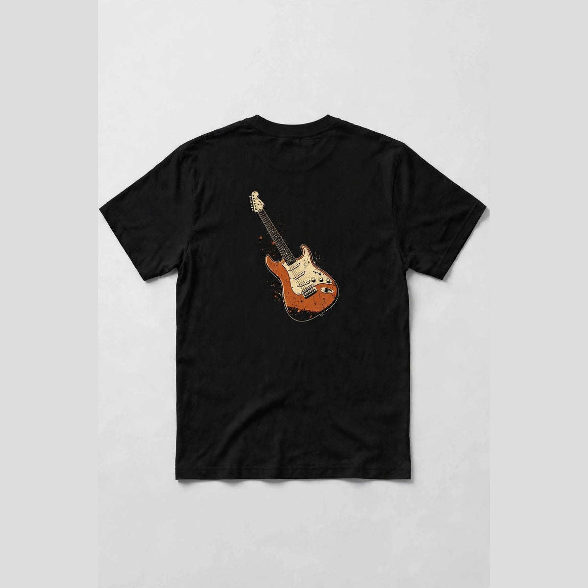 Black guitar t-shirt back print: red Strat style electric guitar, cream and burnt orange vintage distressed screen print