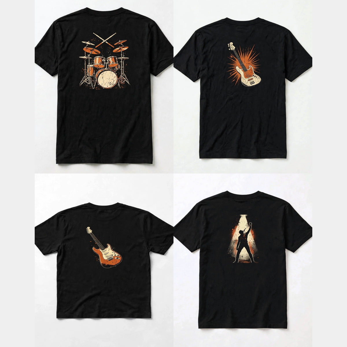 Band shirt bundle of 4 black tees showing the backs: drum kit, bass guitar, Strat electric guitar and singer in spotlight back prints