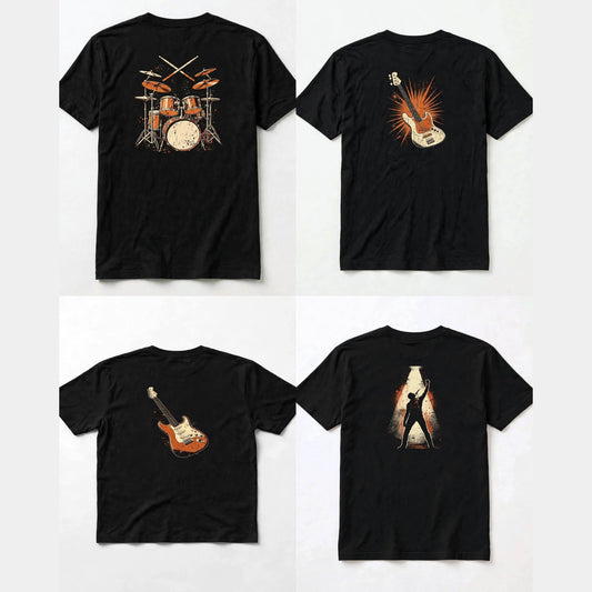 Band shirt bundle of 4 black tees showing the backs: drum kit, bass guitar, Strat electric guitar and singer in spotlight back prints