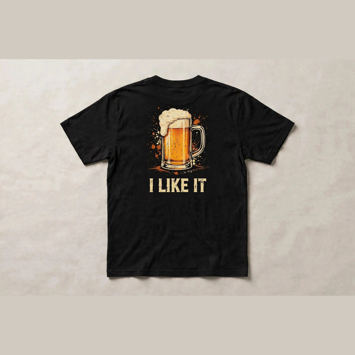 Black beer shirt back print: big frosty beer stein with I LIKE IT text in vintage cream amber and burnt orange distressed style