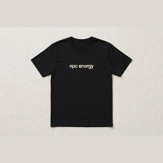 NPC Energy funny gamer slang t-shirt in Black - distressed cream lowercase text, Bella Canvas tee, flat lay front view, funny gaming humor shirt