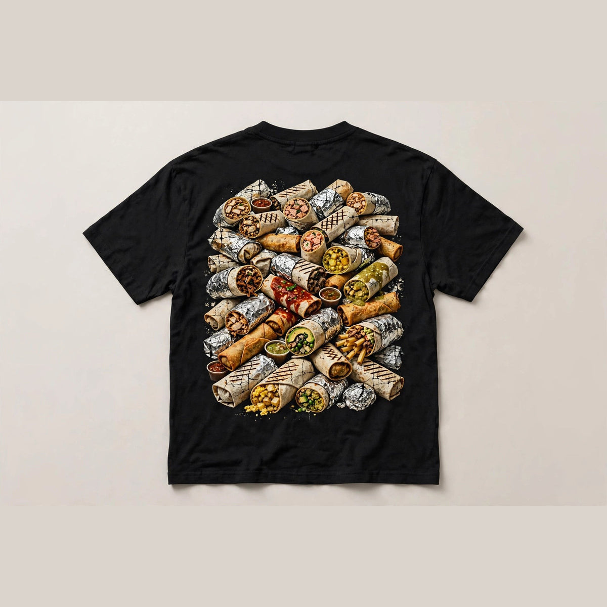 Burritos shirt back print - giant messy pile of burritos foil wrapped grilled breakfast smothered California style vintage distressed art on black tee