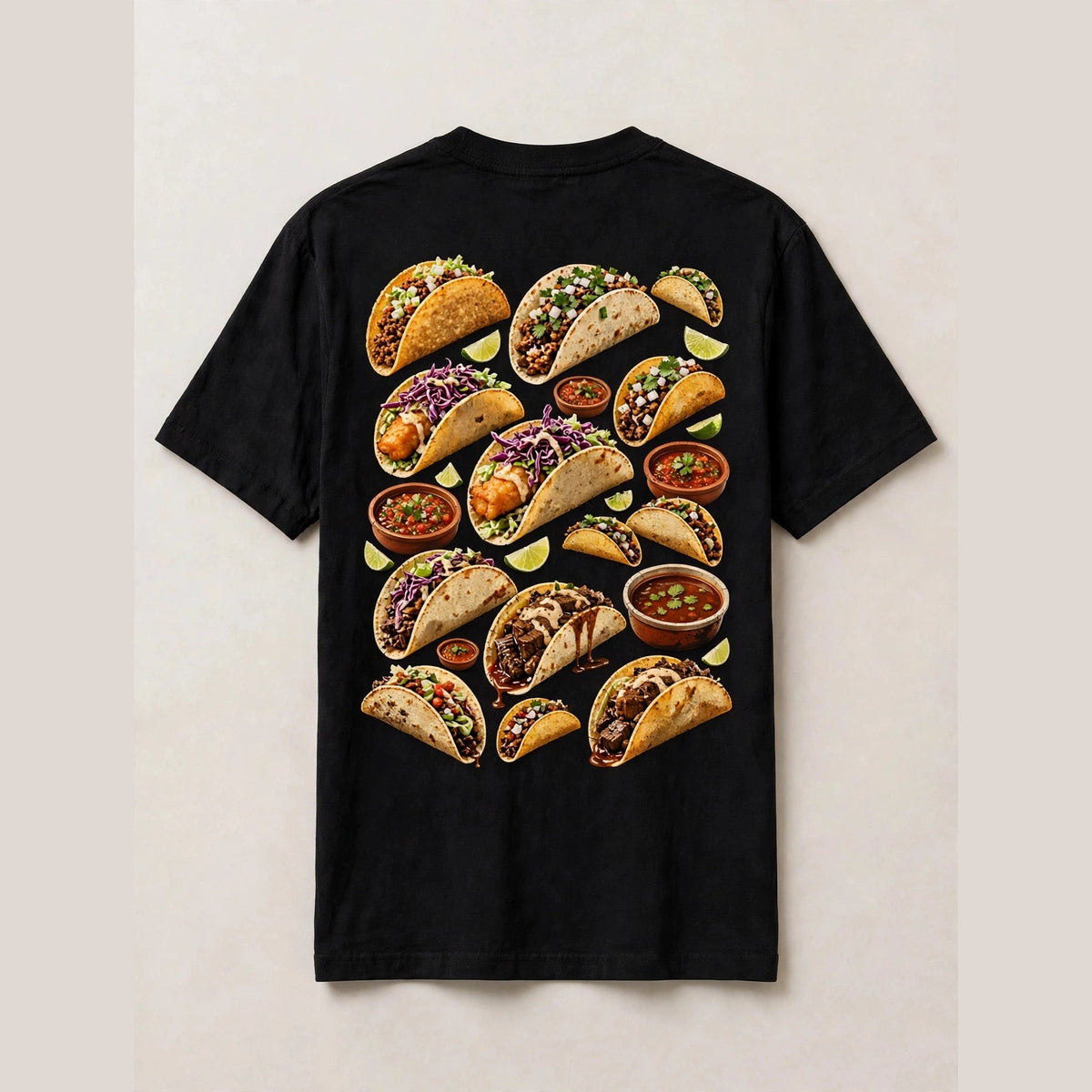 Tacos shirt back print - collage of tacos hard shell street fish and birria with salsa bowls and lime wedges vintage distressed art on black tee