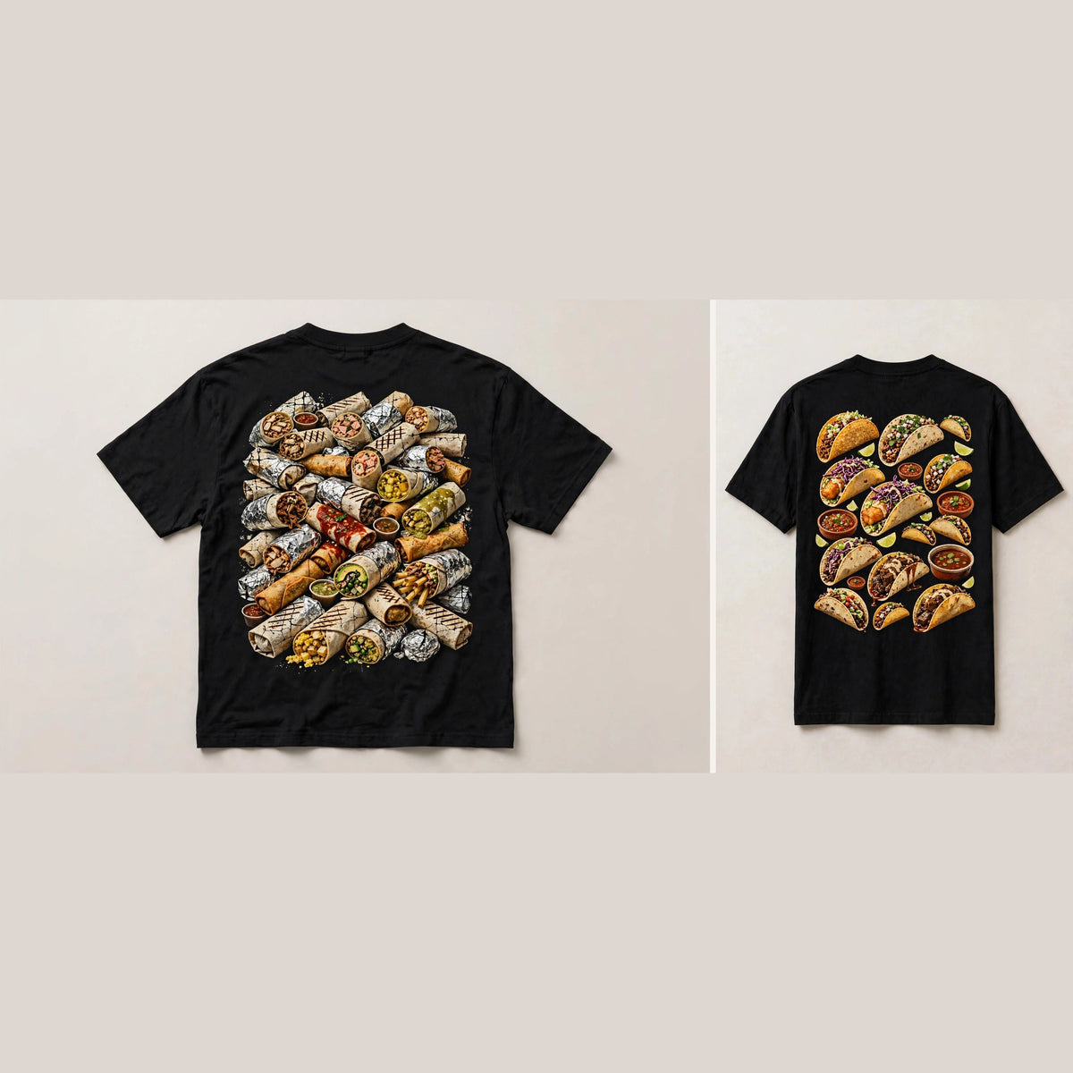 Burritos and tacos shirt bundle - both back prints side by side burrito pile and taco collage on black tees