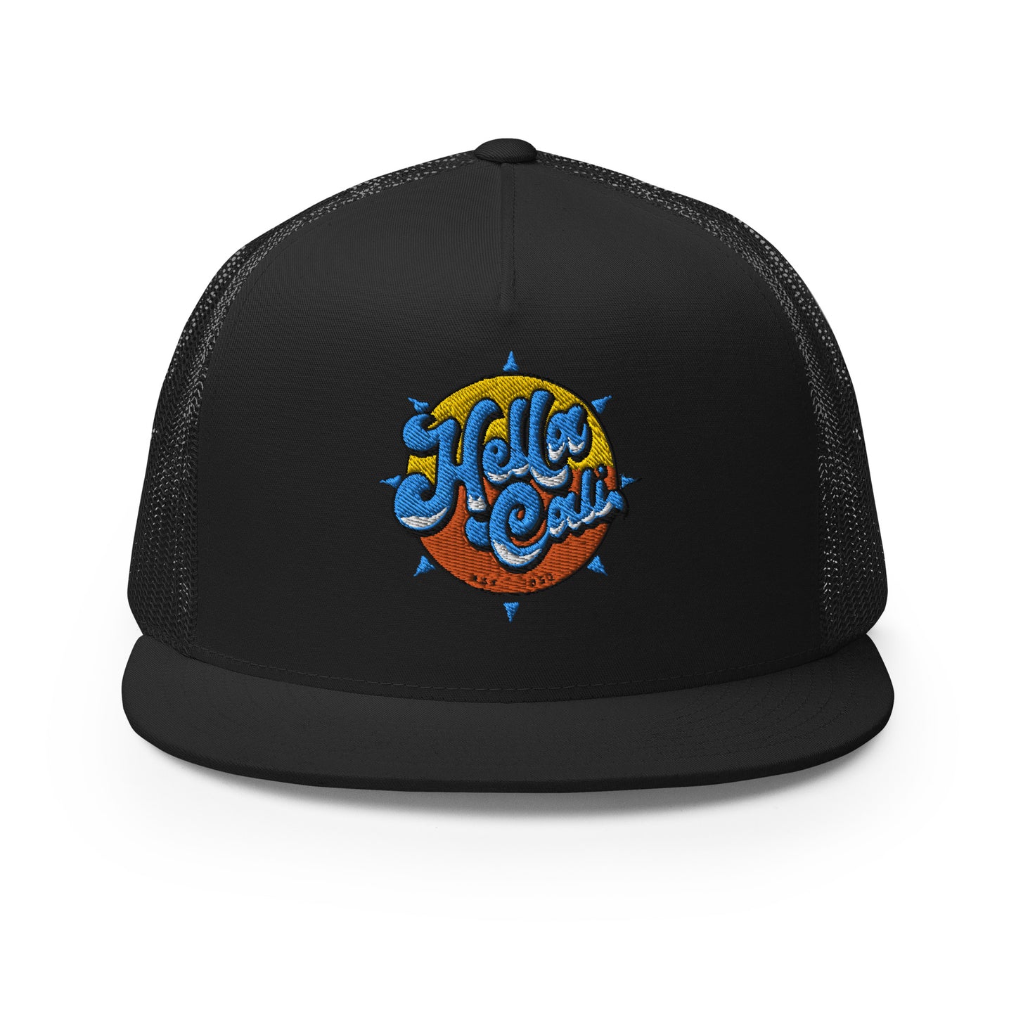 All Black Hella Cali Blue Lettering Trucker Hat