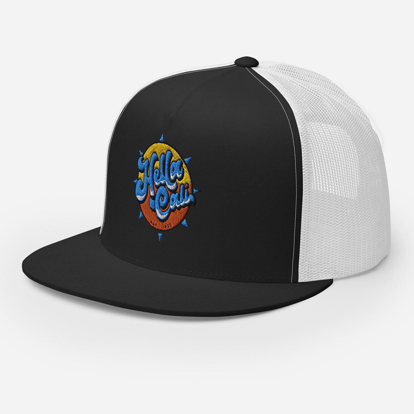 Hella Cali Blue Lettering Trucker Cap black and white