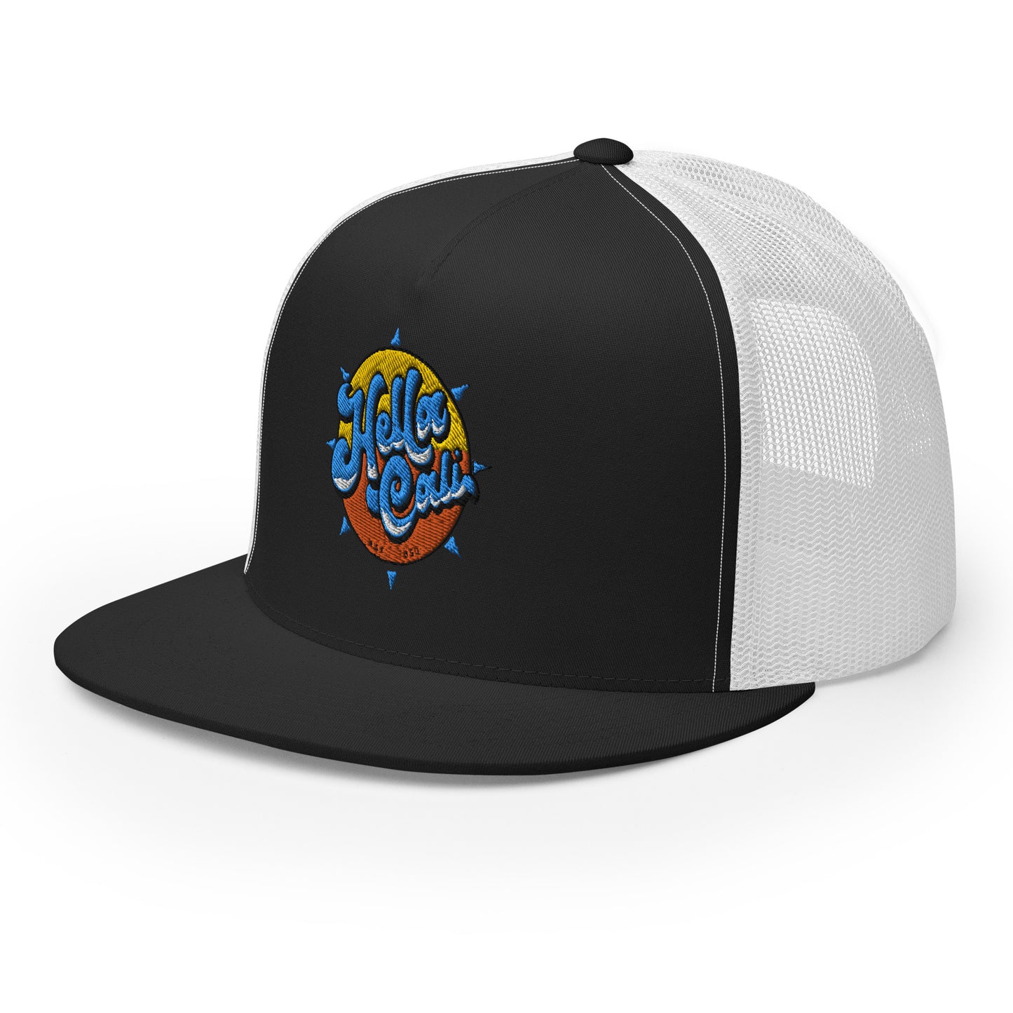 Hella Cali Blue Lettering Trucker Hat Black and White