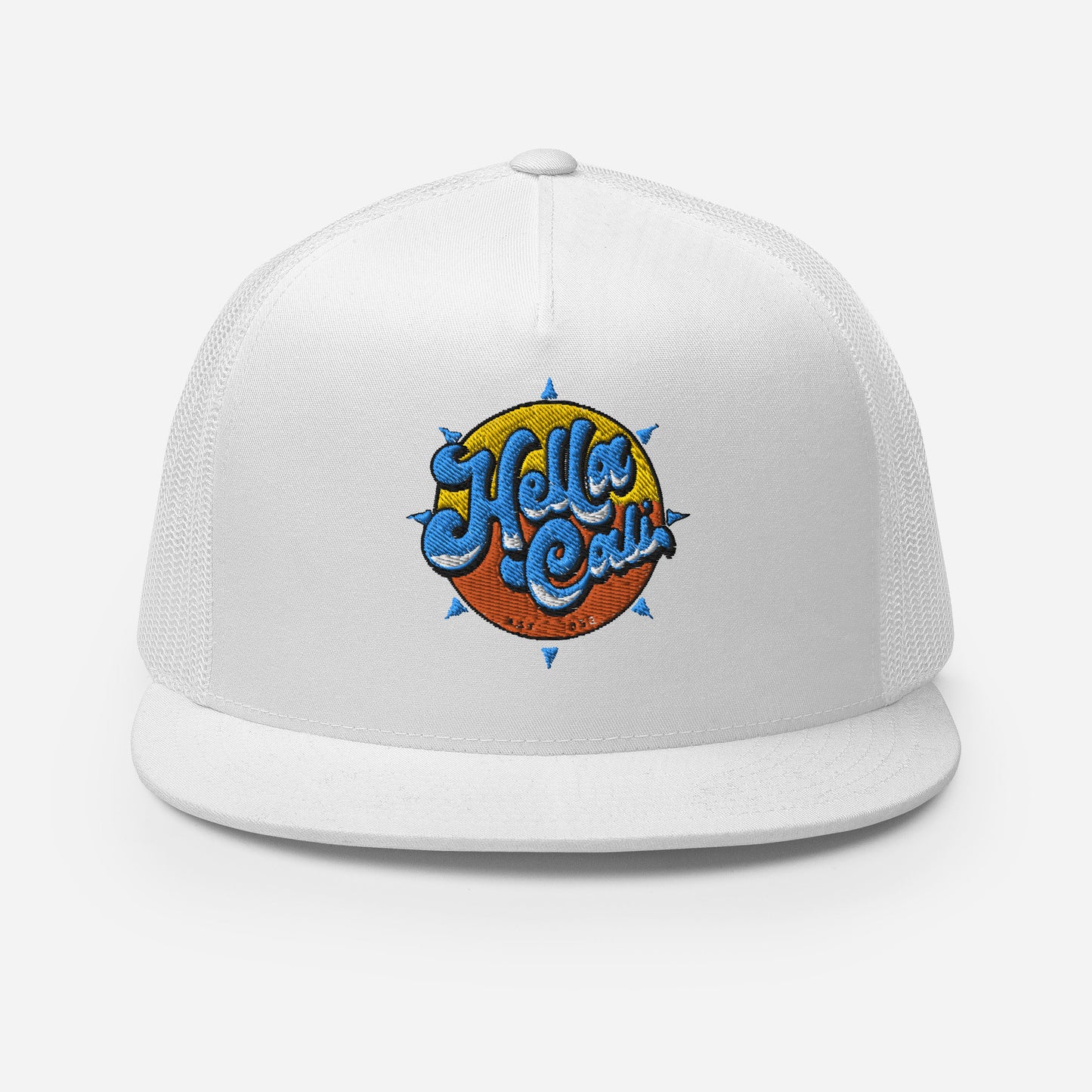 All White Hella Cali Blue Lettering Trucker Hat