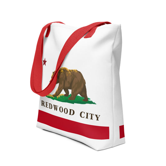 Redwood City California bear flag design on a red 15 by 15 inch tote bag. Hella Cali.