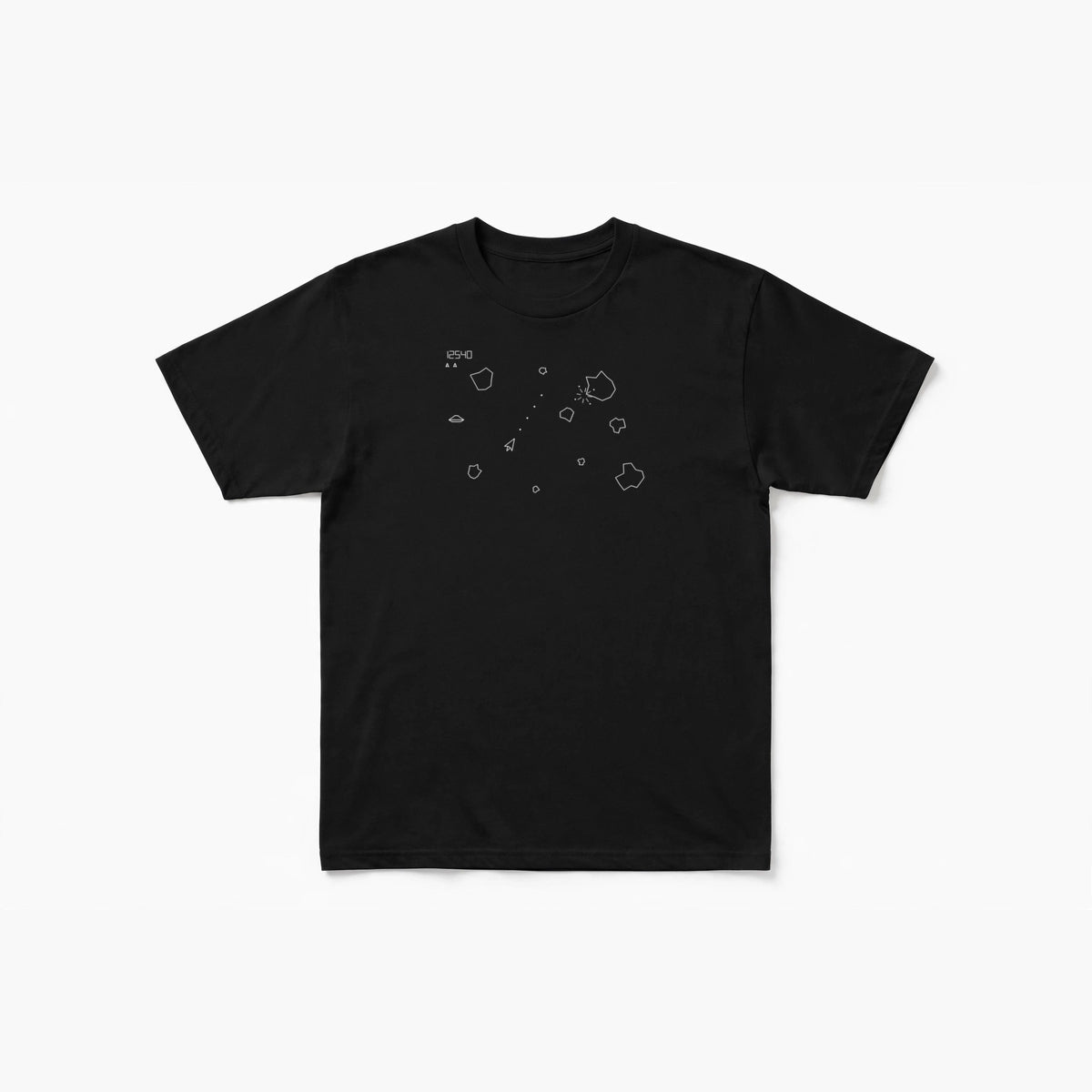 Asteroids shirt front print - 1979 vector arcade space shooter scene with ship, wireframe rocks and saucer on black Bella Canvas tee