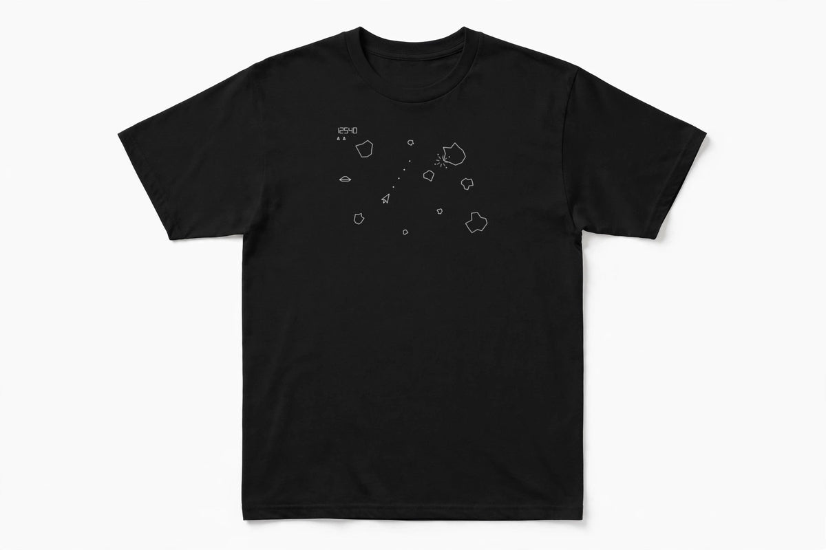 Asteroids shirt flat lay on white background - retro vector arcade game front print on black unisex tee