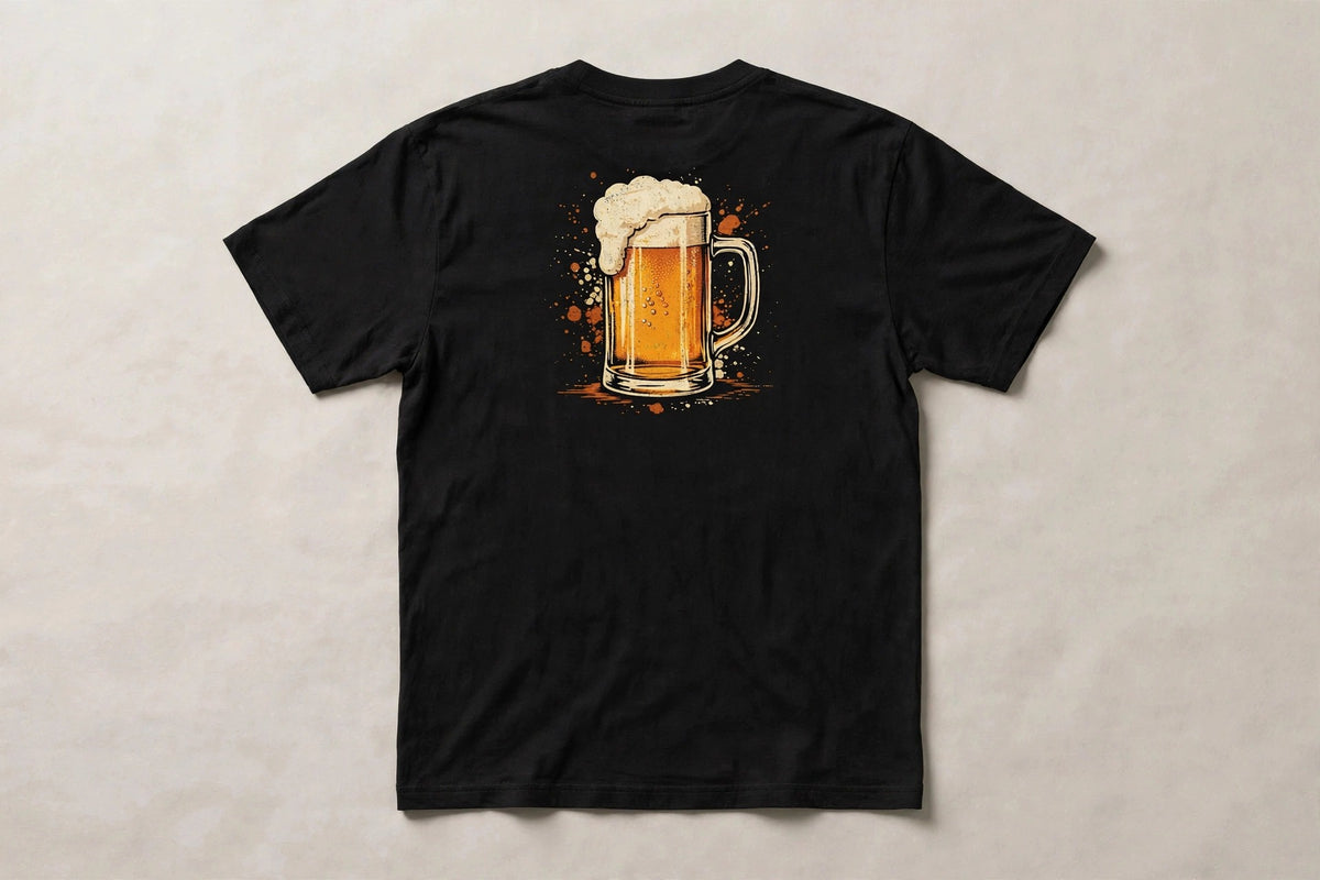 Black beer shirt back print: big frosty beer stein, no text, vintage cream amber and burnt orange distressed style