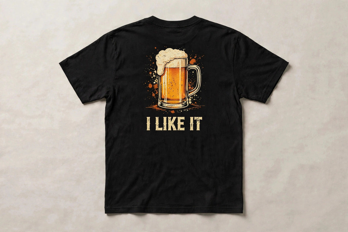 Black beer shirt back print: big frosty beer stein with I LIKE IT text in vintage cream amber and burnt orange distressed style