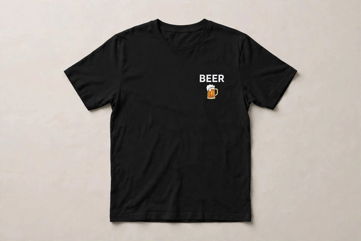 Black beer shirt front: BEER in bold white caps with a small beer stein icon, left chest print