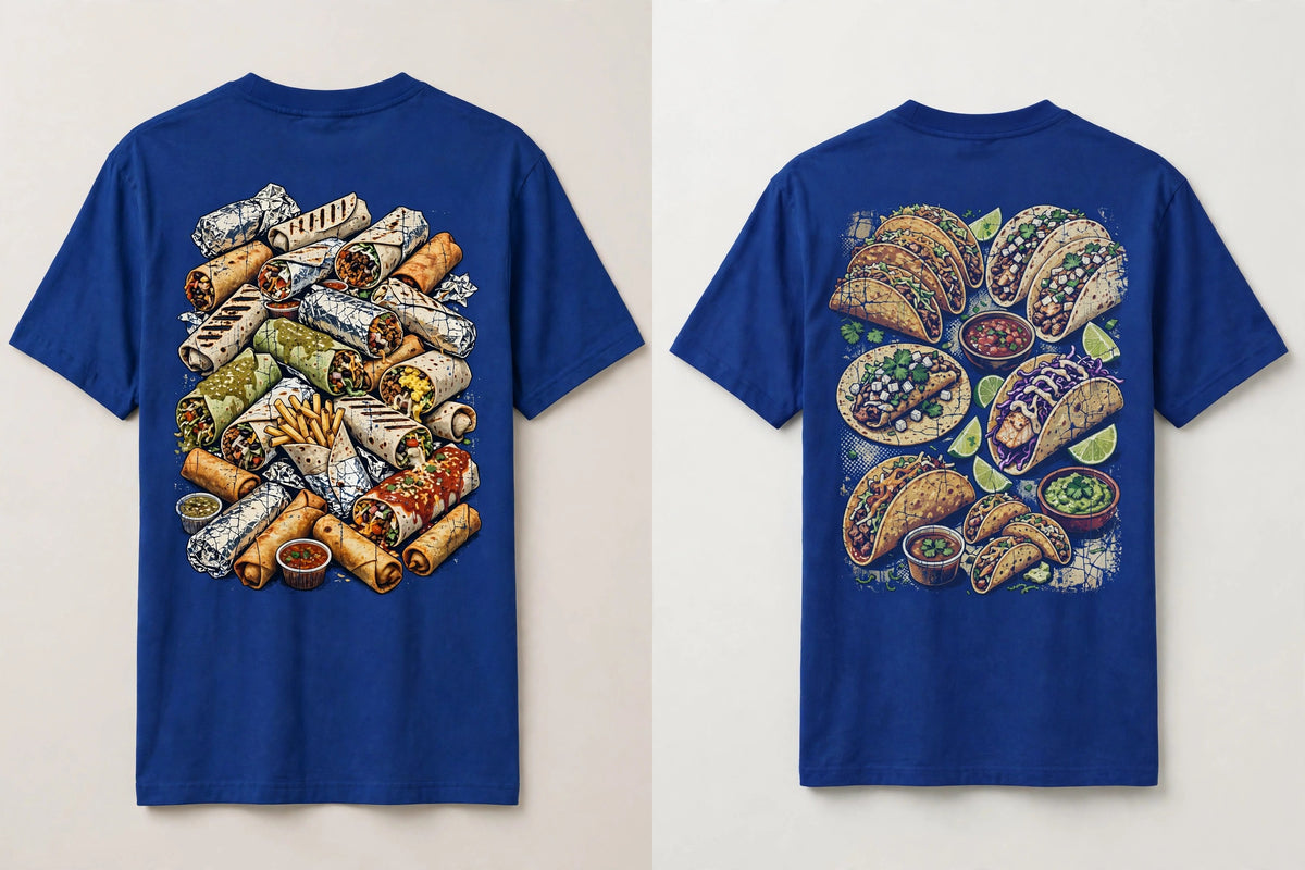 Burritos and tacos shirt bundle - both back prints side by side on blue tees
