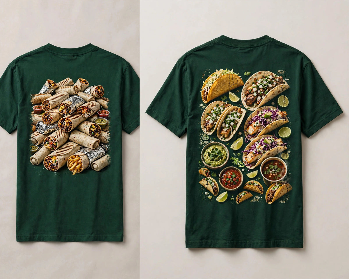 Burritos and tacos shirt bundle - both back prints side by side on green tees