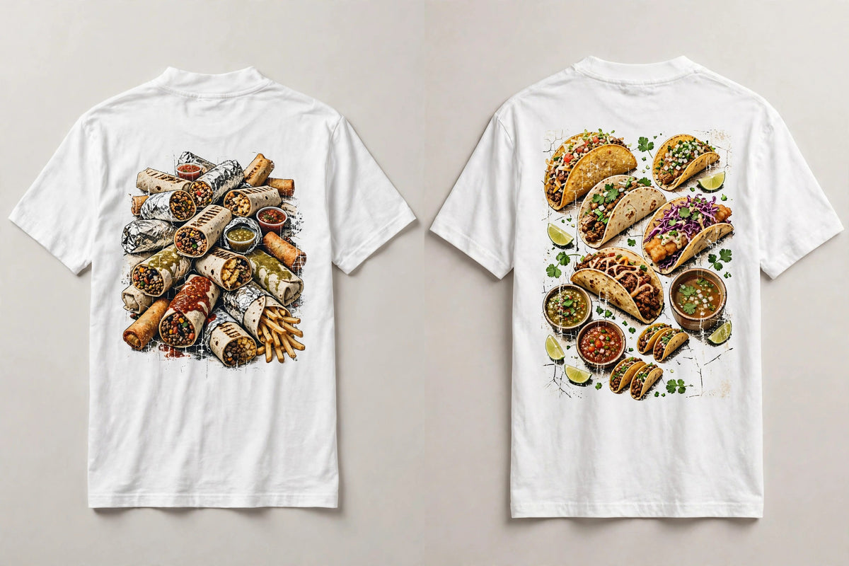 Burritos and tacos shirt bundle - both back prints side by side on white tees