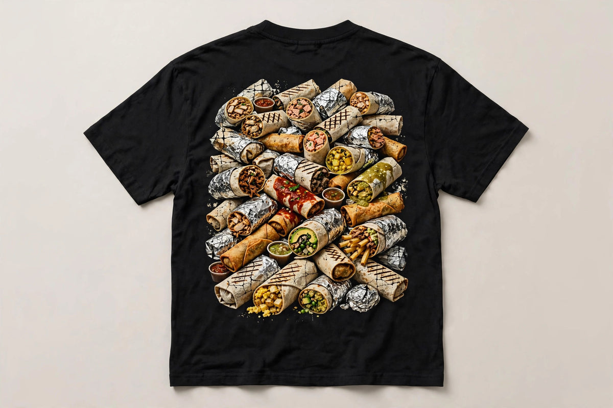 Burritos shirt back print - giant messy pile of burritos foil wrapped grilled breakfast smothered California style vintage distressed art on black tee