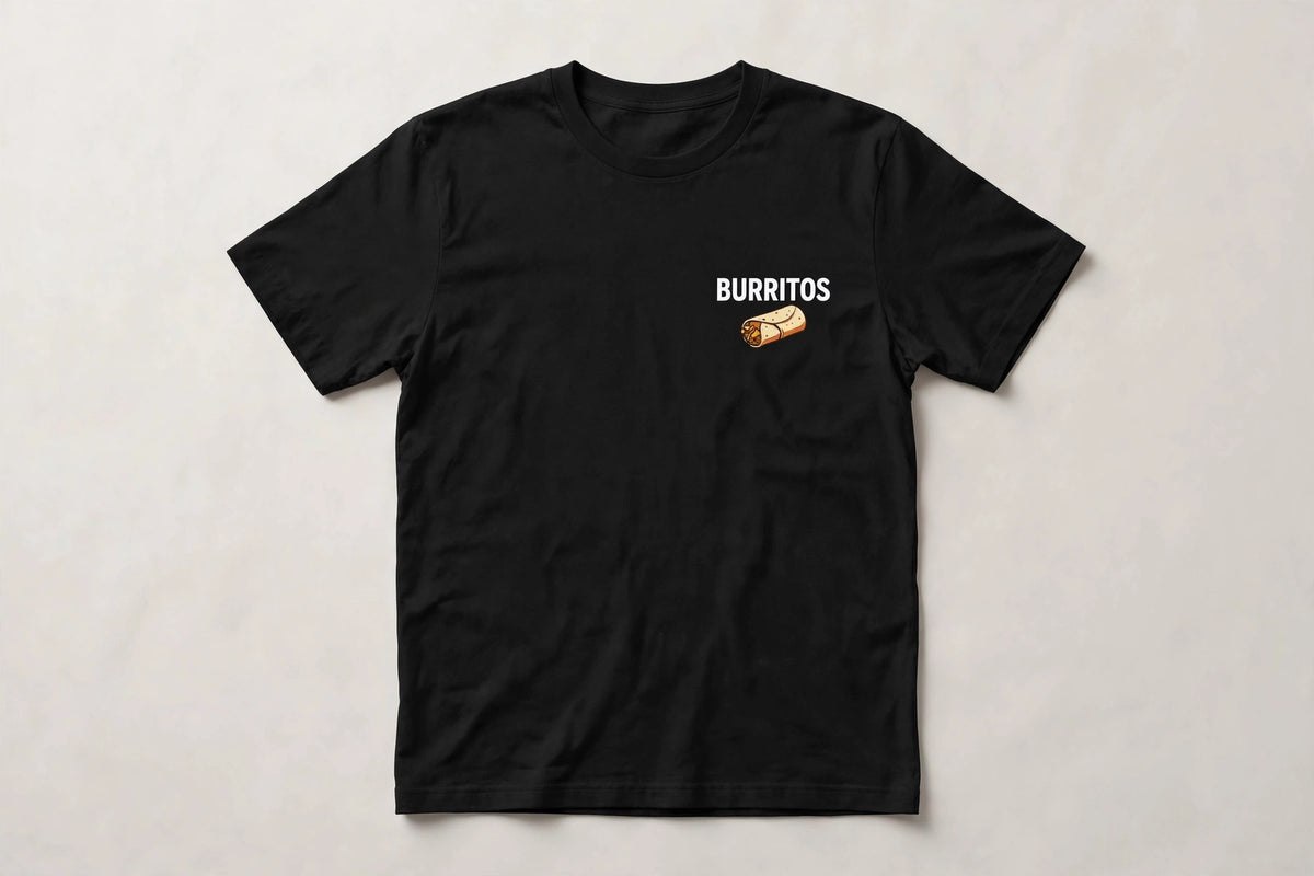 Burritos shirt front - BURRITOS white chest print with small burrito icon below on black Bella Canvas tee flat lay