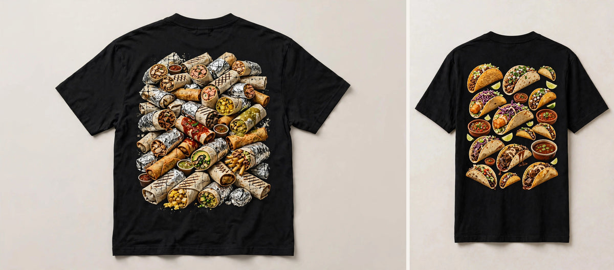 Burritos and tacos shirt bundle - both back prints side by side burrito pile and taco collage on black tees