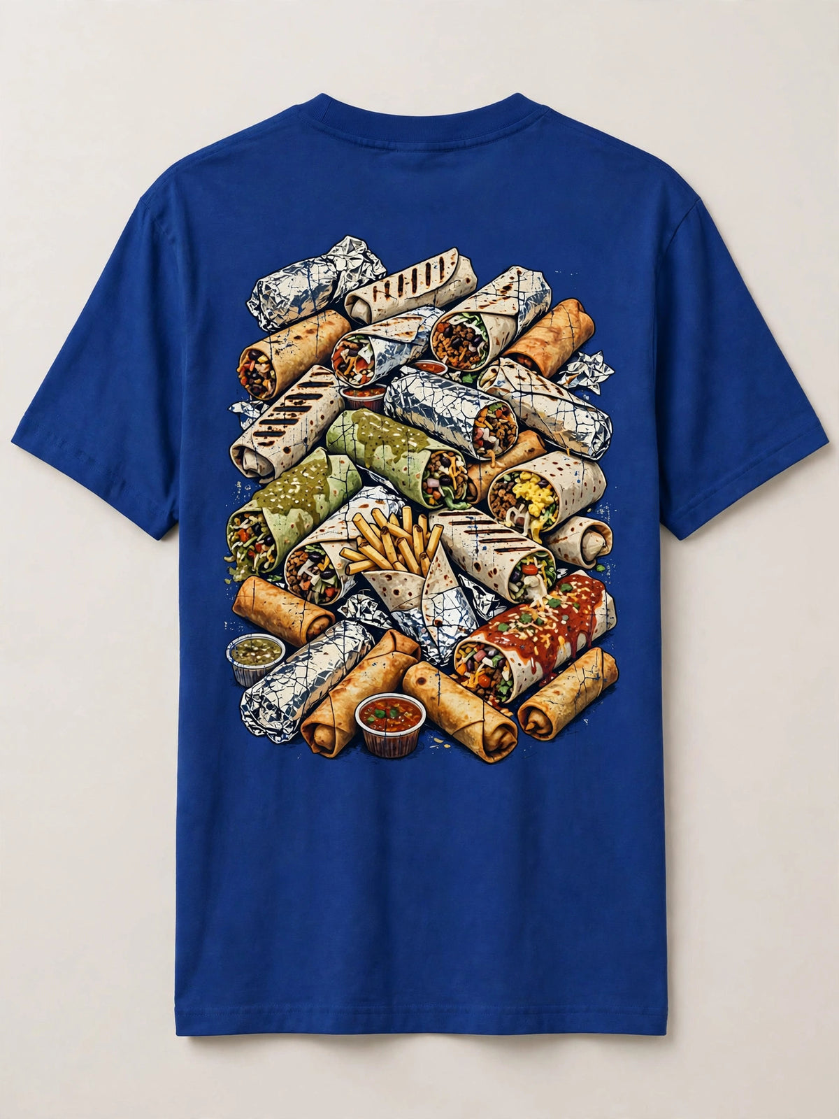 Burritos shirt back print - giant messy pile of burritos foil wrapped grilled breakfast smothered California style vintage distressed art on blue tee