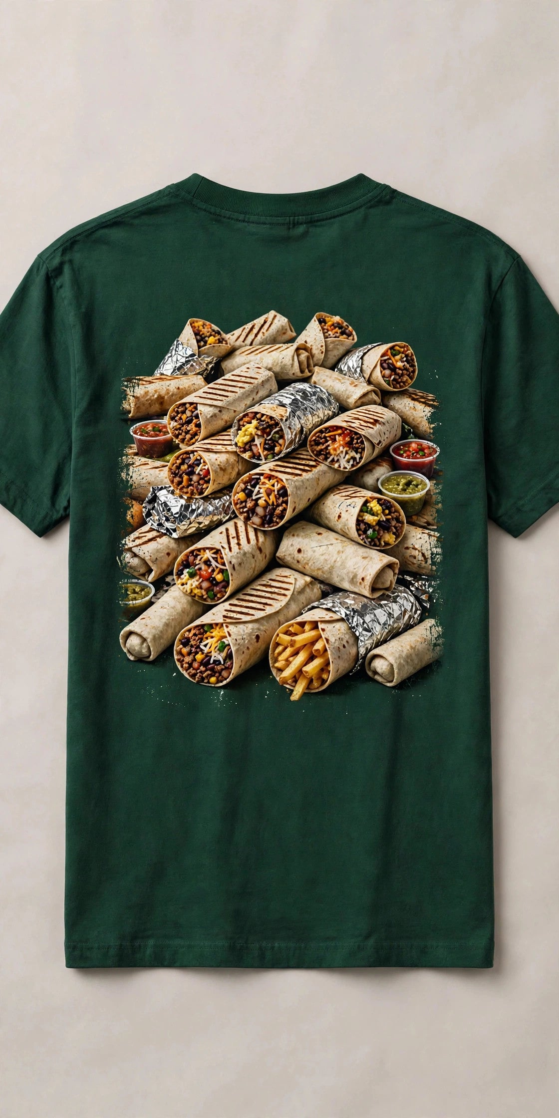 Burritos shirt back print - giant messy pile of burritos foil wrapped grilled breakfast smothered California style vintage distressed art on green tee