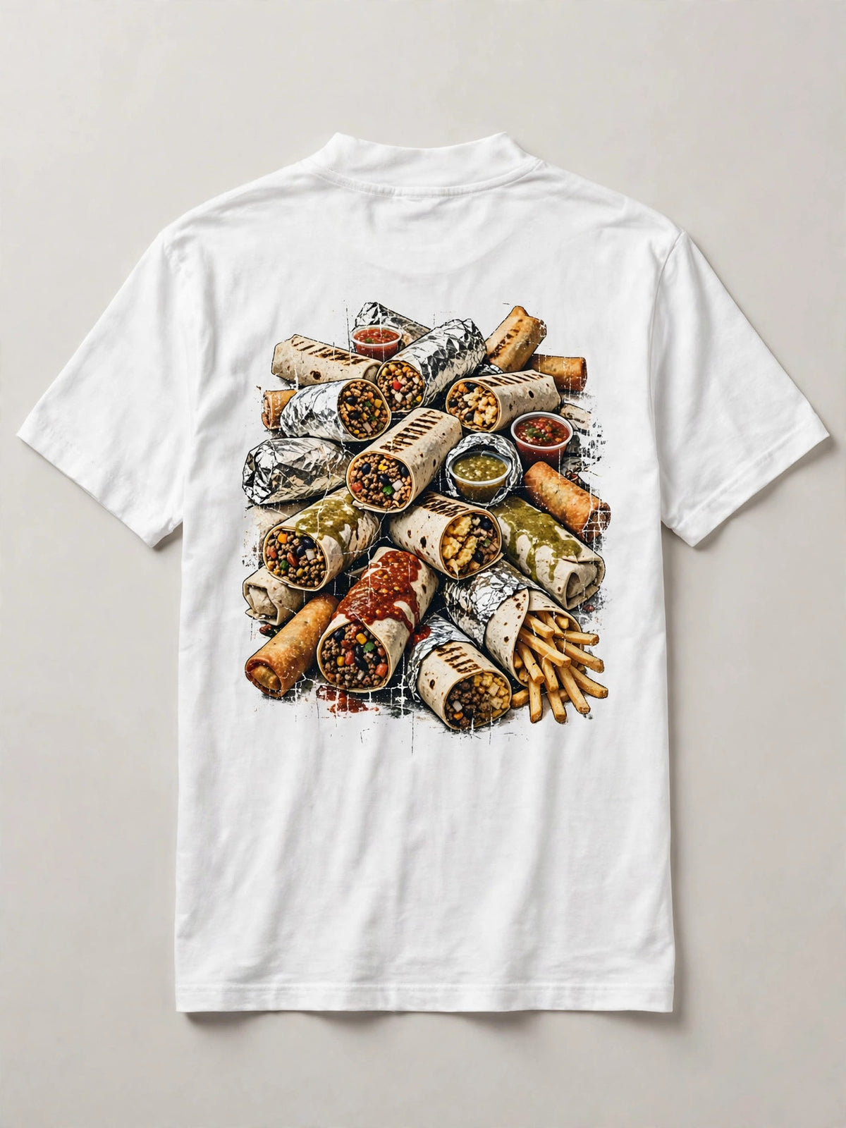 Burritos shirt back print - giant messy pile of burritos foil wrapped grilled breakfast smothered California style vintage distressed art on white tee