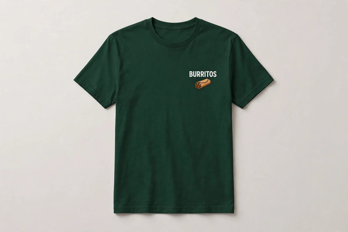 Burritos shirt front - BURRITOS chest print with small burrito icon below (white ink) on green Bella Canvas tee flat lay