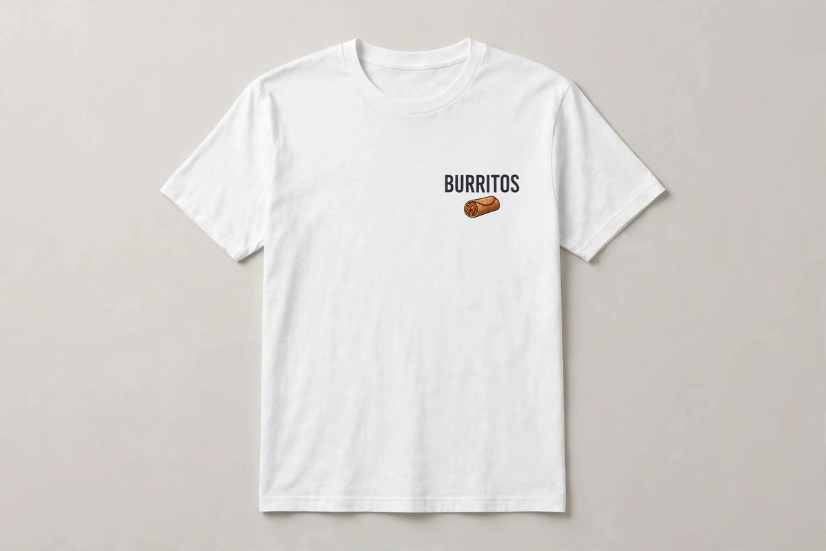 Burritos shirt front - BURRITOS chest print with small burrito icon below (dark ink) on white Bella Canvas tee flat lay