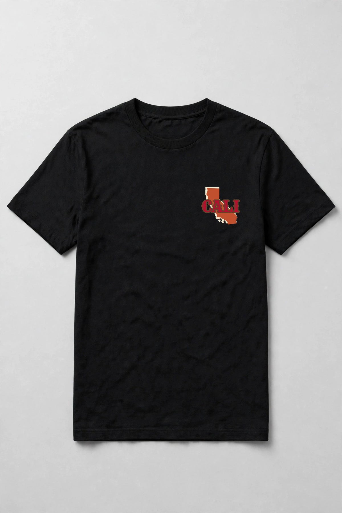 Black t-shirt with CALI over a California state shape at the left chest