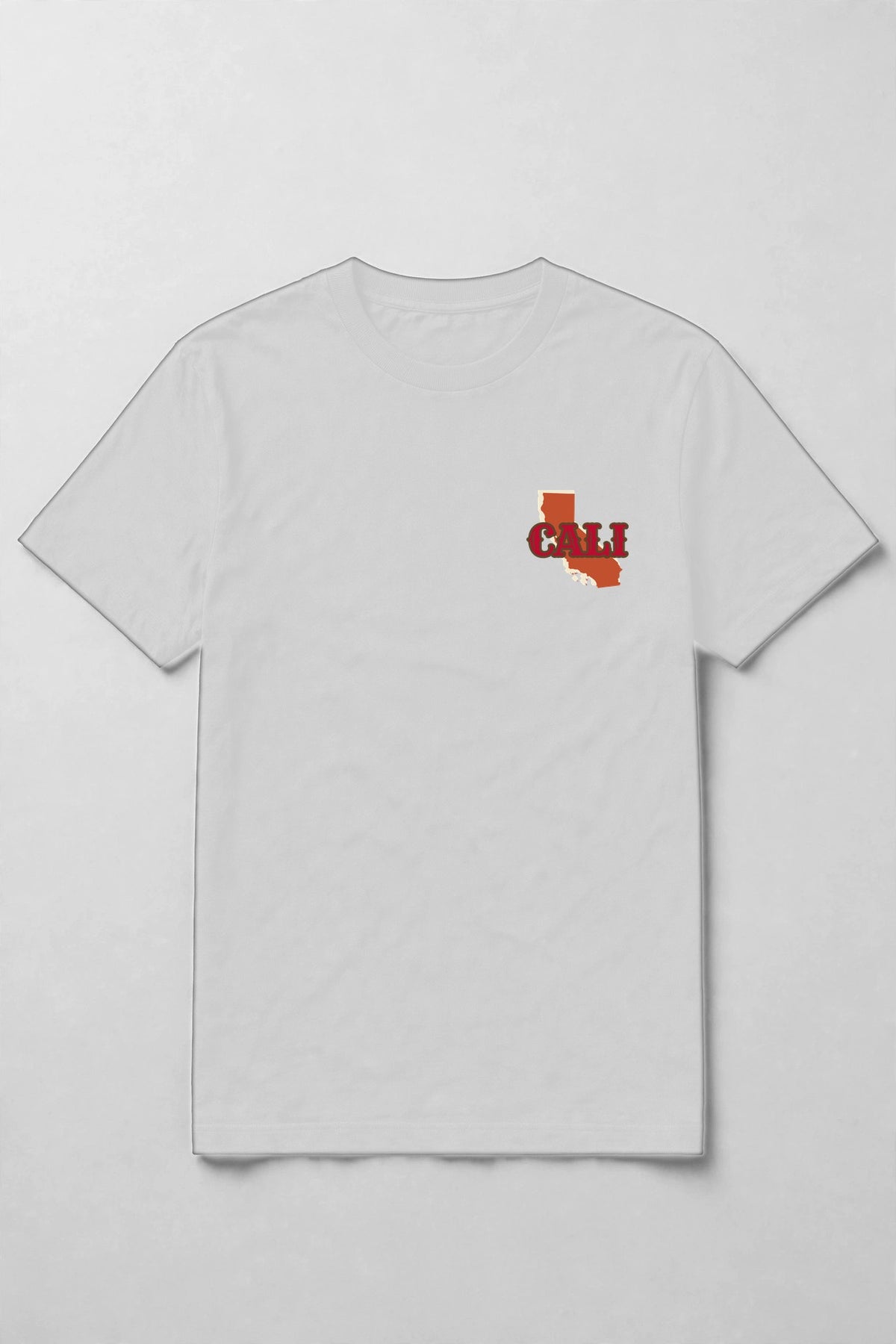 White t-shirt with CALI over a California state shape at the left chest