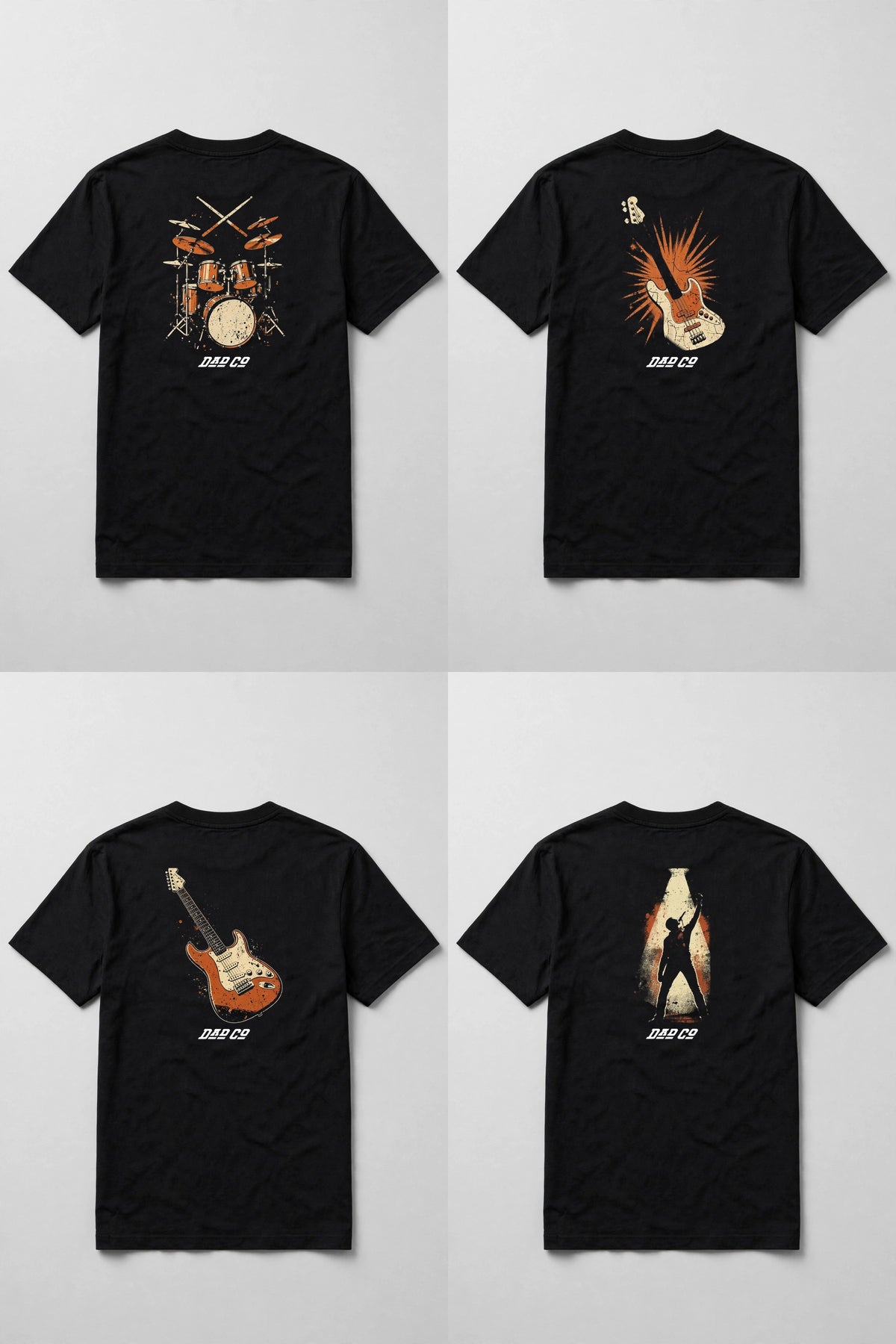 Band shirt bundle of 4 black tees showing the backs: drum kit, bass guitar, Strat electric guitar and singer in spotlight back prints, with DAD CO logo under the back print