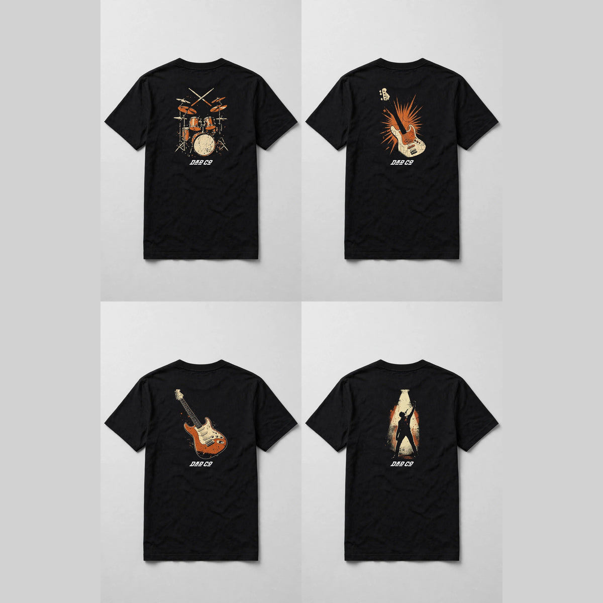 Band shirt bundle of 4 black tees showing the backs: drum kit, bass guitar, Strat electric guitar and singer in spotlight back prints, with DAD CO logo under the back print