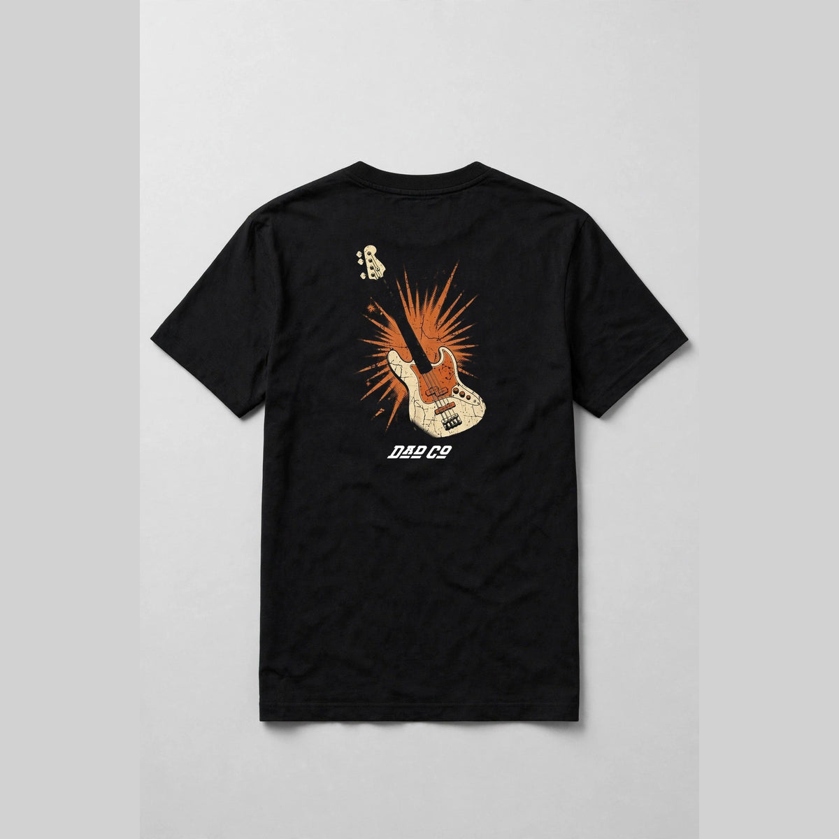 Black bass player t-shirt back print: vintage cream and burnt orange bass guitar with starburst, distressed screen print, with DAD CO logo under the back print