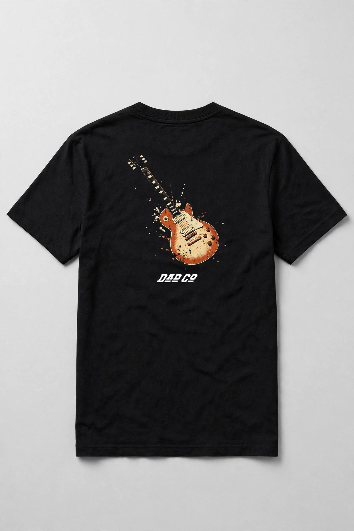 Black guitar t-shirt back print: sunburst Les Paul style electric guitar, cream and burnt orange vintage distressed screen print, with DAD CO logo under the back print