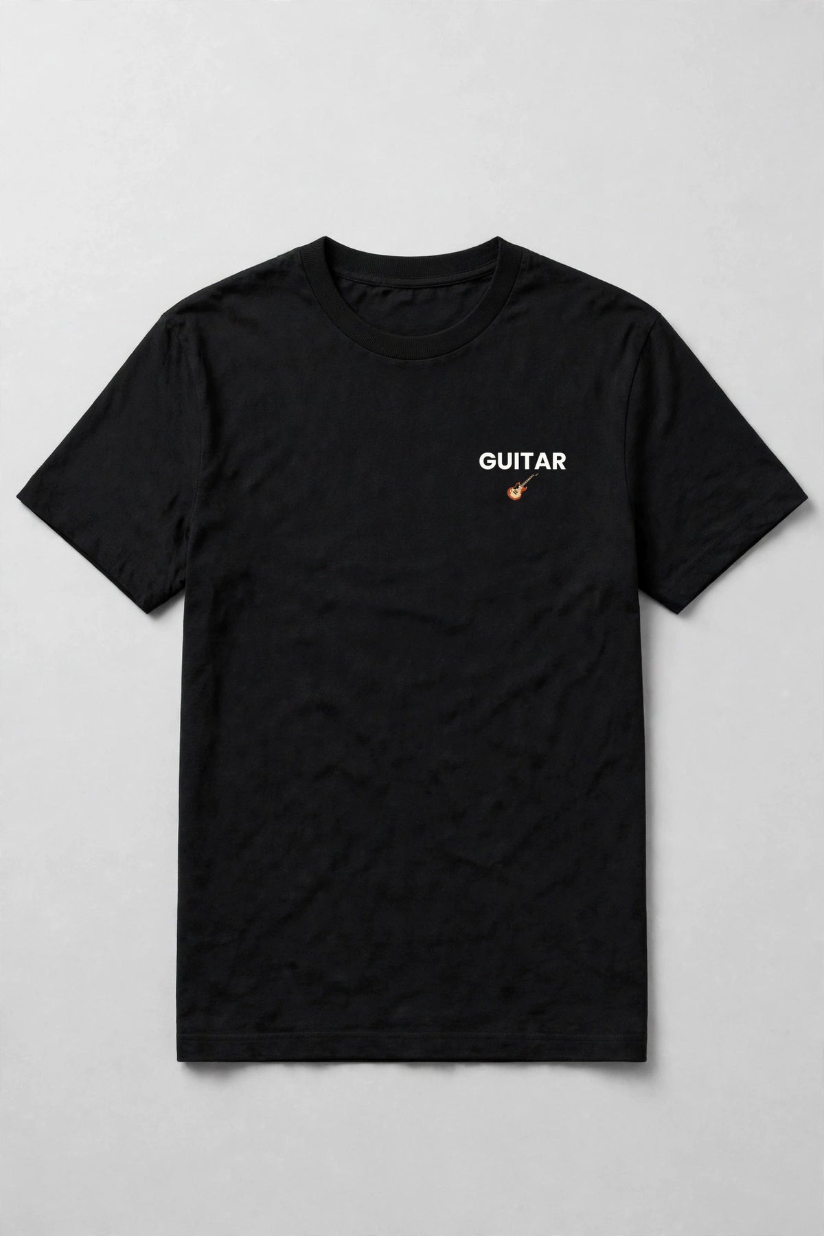 Black guitar t-shirt front: GUITAR in bold white caps with a small red SG style guitar icon, left chest print