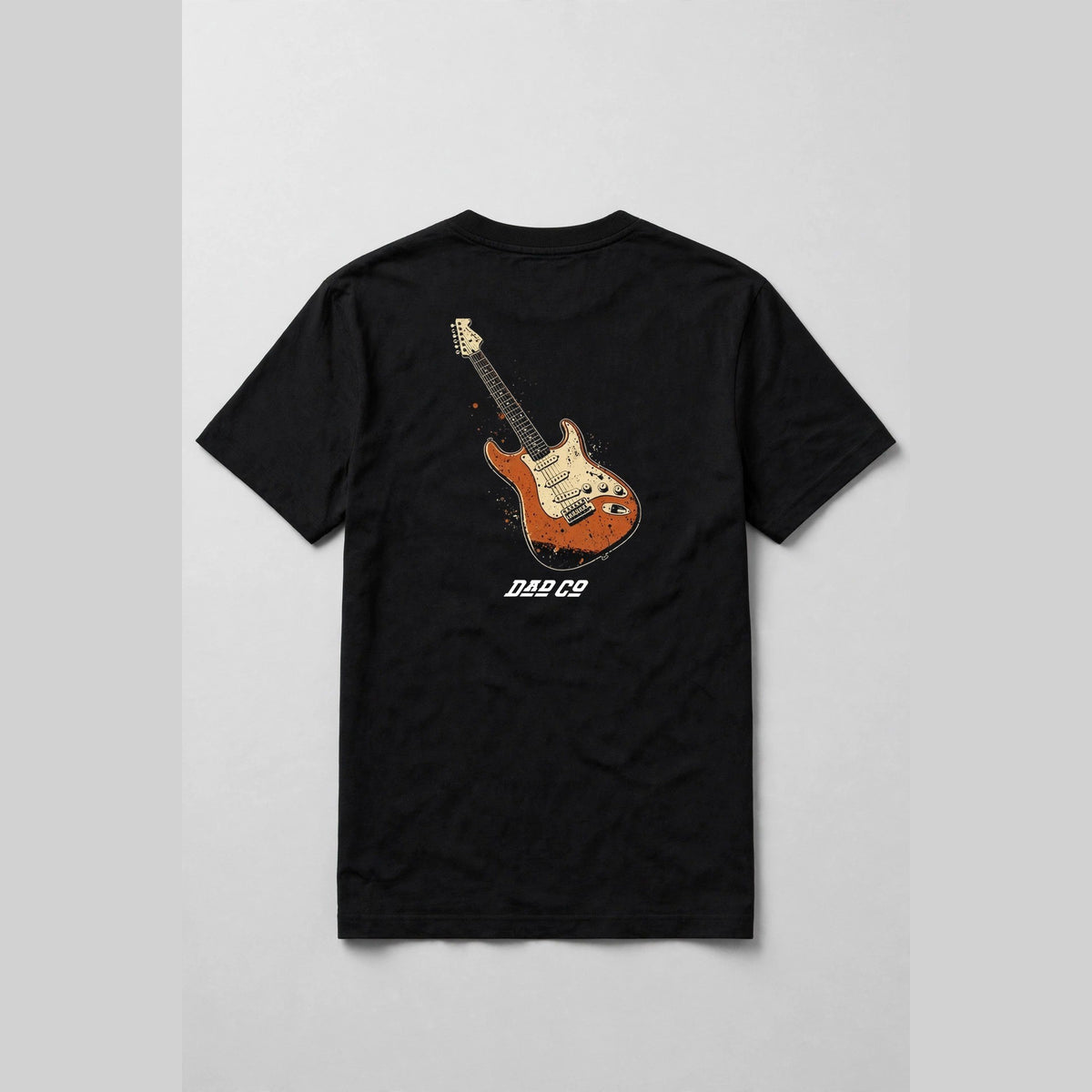 Black guitar t-shirt back print: red Strat style electric guitar, cream and burnt orange vintage distressed screen print, with DAD CO logo under the back print