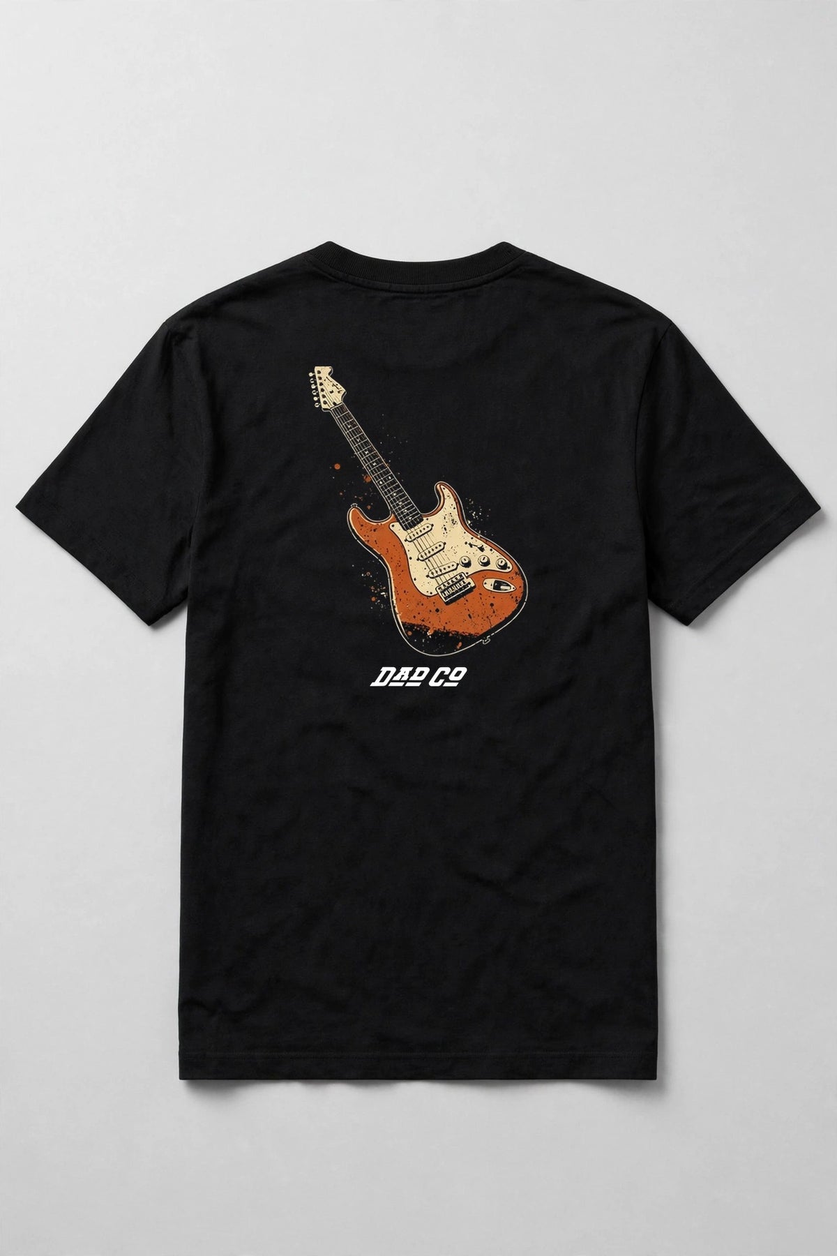 Black guitar t-shirt back print: red Strat style electric guitar, cream and burnt orange vintage distressed screen print, with DAD CO logo under the back print